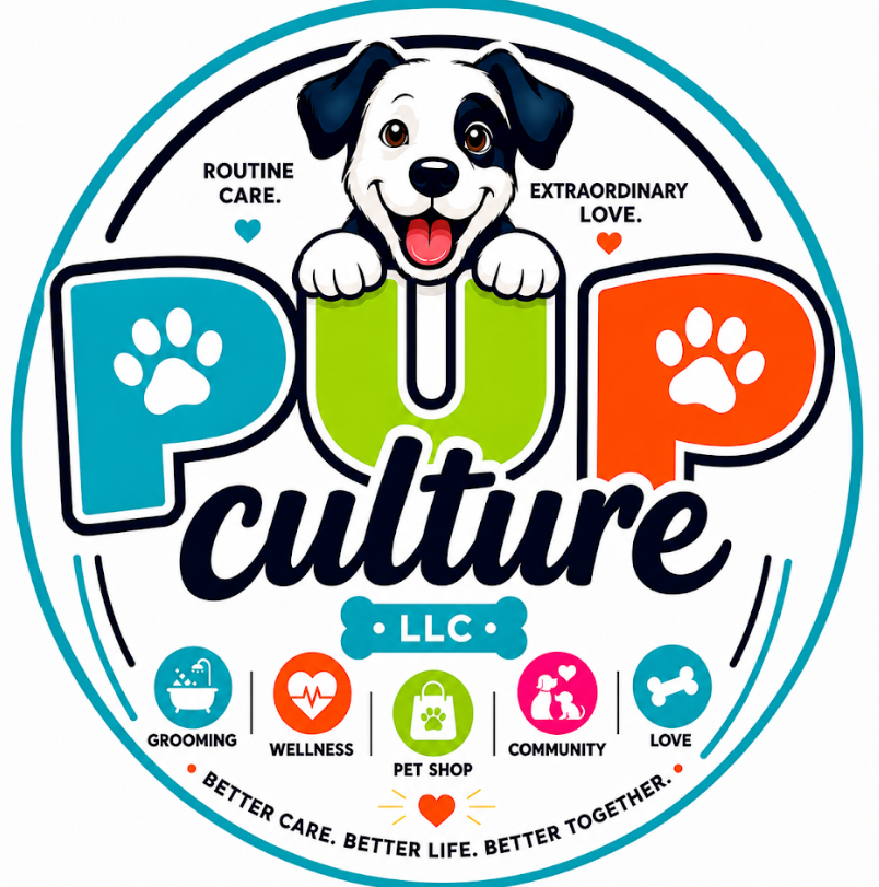 Logo for Pup Culture LLC with a puppy and paw-print icons in teal, orange, and black, plus grooming and pet care services