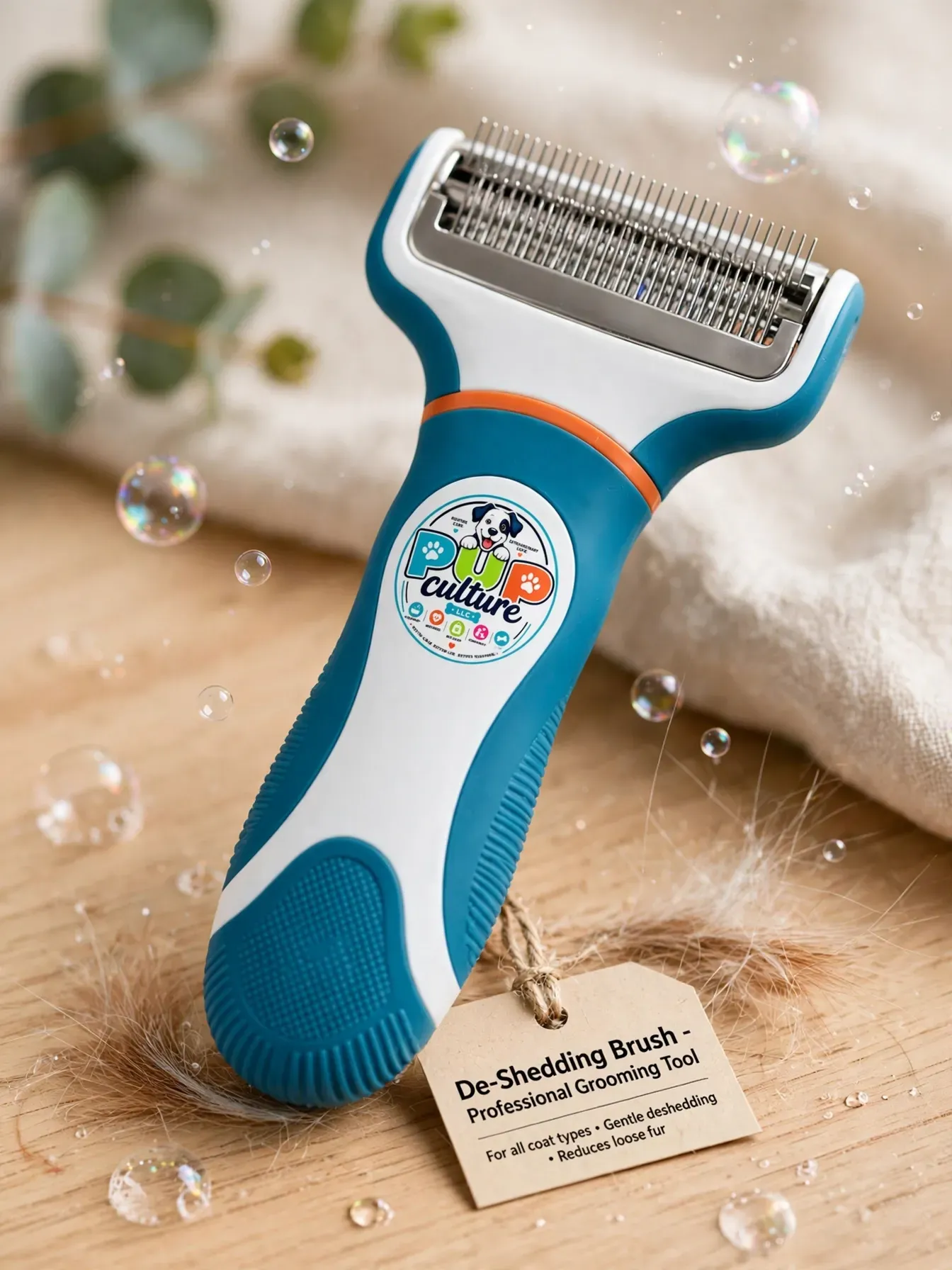 Blue-and-white electric shaver with trimmer head on a soft beige background with water droplets