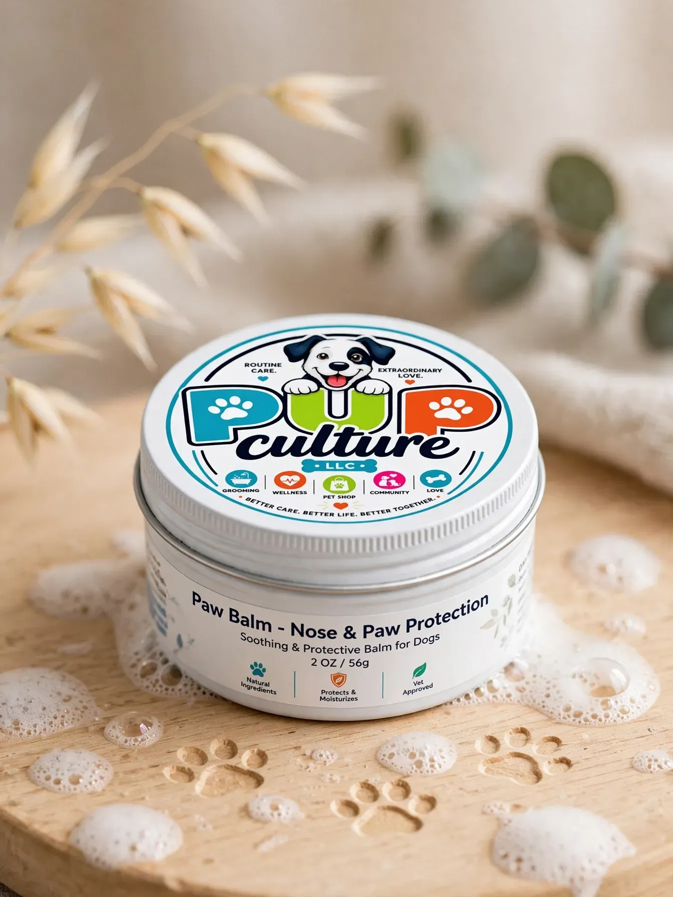 PUP culture balm jar on a lace table with dried flowers and soap bubbles