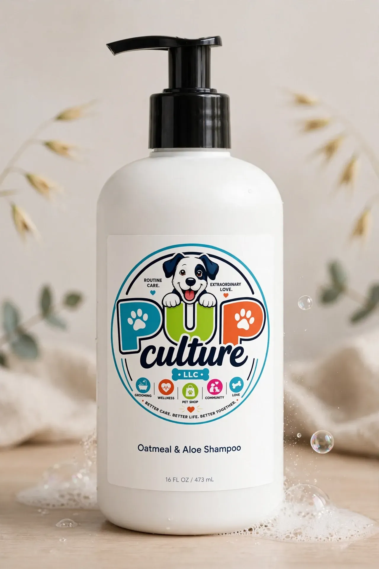White pump bottle of Pup Culture pet shampoo with colorful label on a soft neutral background