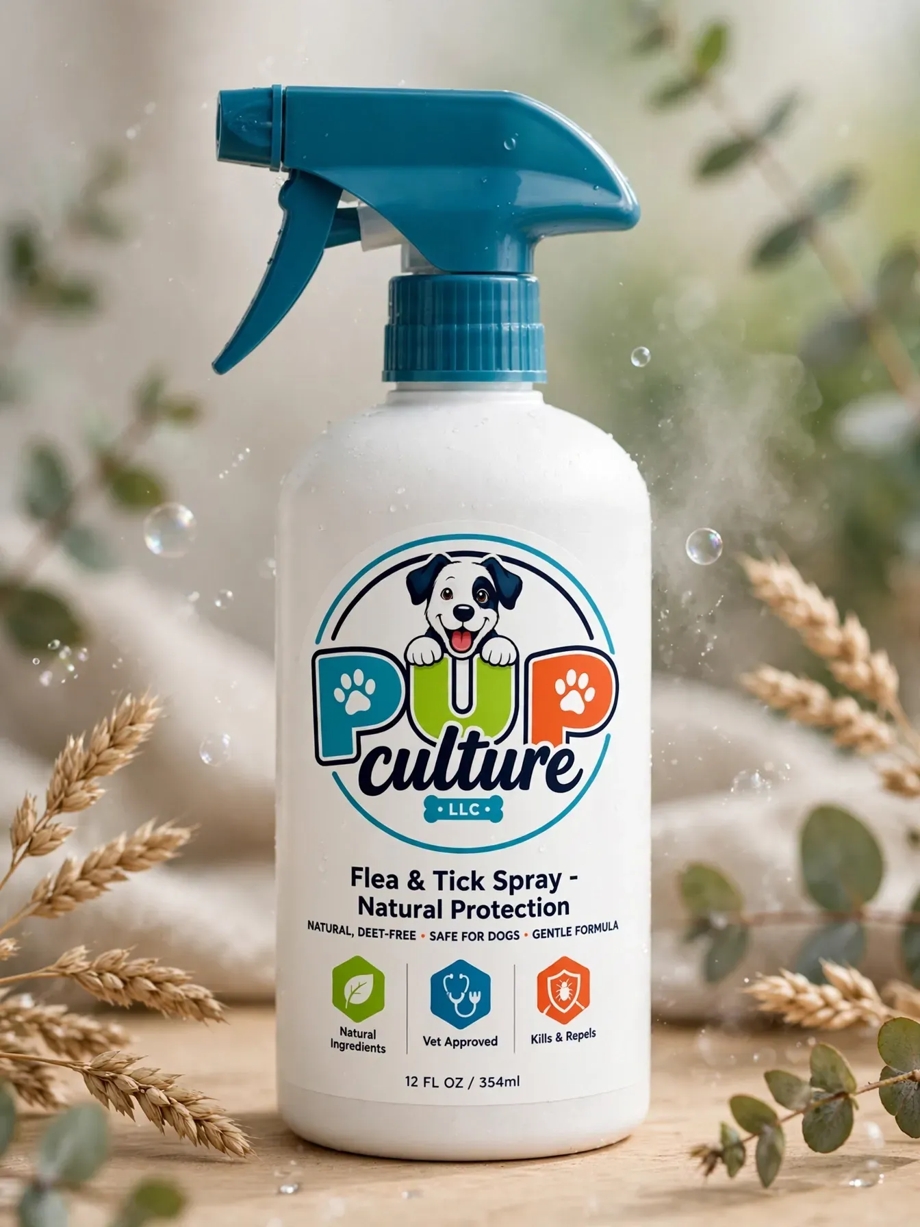 White spray bottle labeled “PUP Culture” with a blue trigger, surrounded by wheat on a soft neutral background.