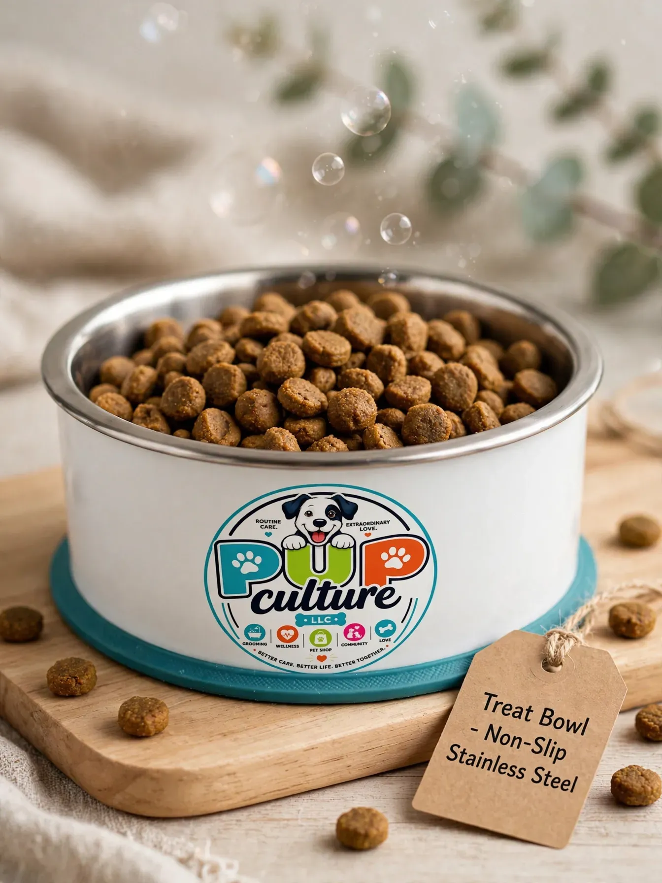 Bowl of brown dog kibble on a wooden board with a colorful pet culture label and a small sign reading “Treat Food”