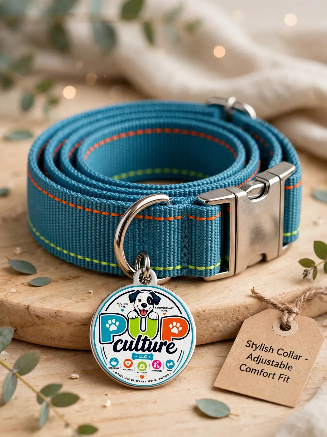 Blue dog collar with metal buckle and circular “Paw Culture” tag on a wooden surface.