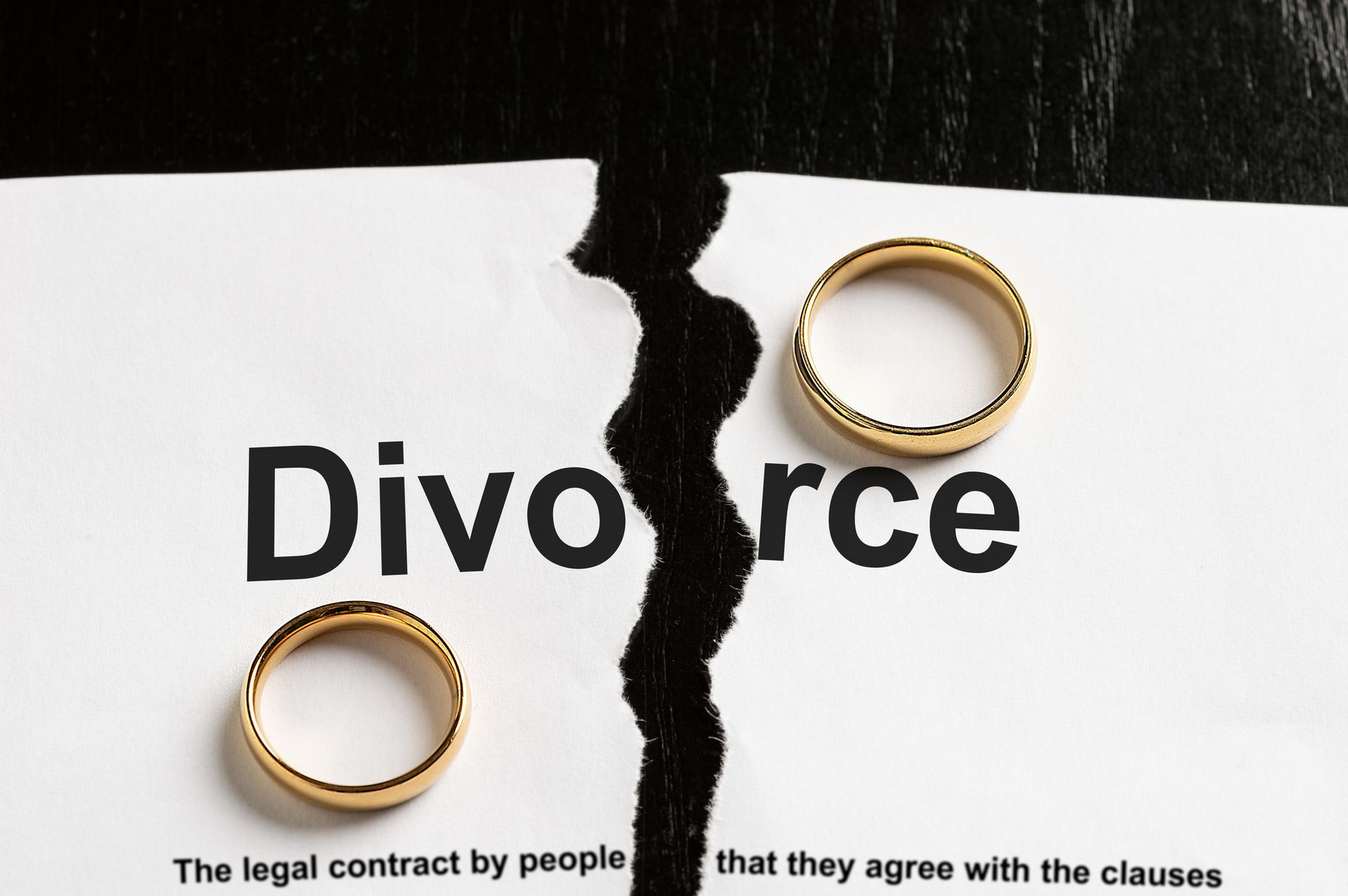 A closeup of a divorce document with two wedding rings symbolizing the end of a marriage