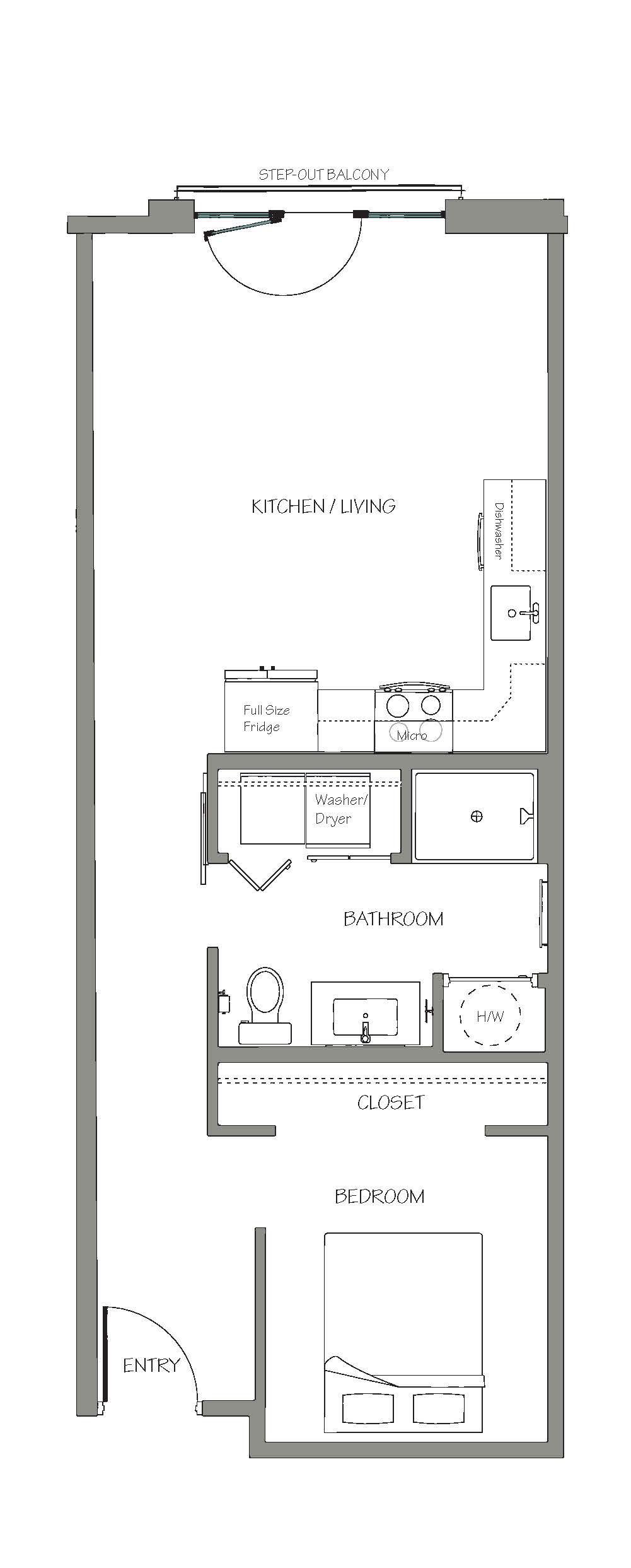 Floor plan of a studio apartment, featuring a living area, kitchen, bathroom, and entrance.