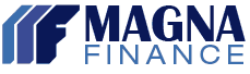 The magna finance logo is blue and white and says magna finance.