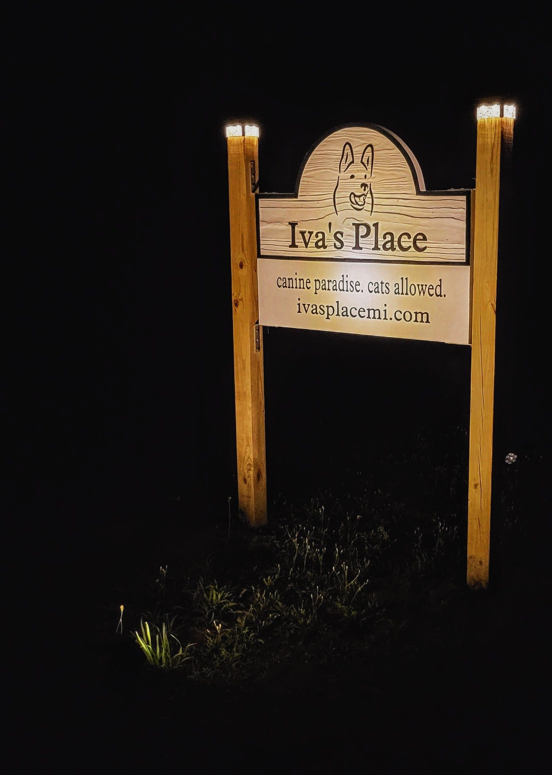 Iva's Place illuminated front sign at night