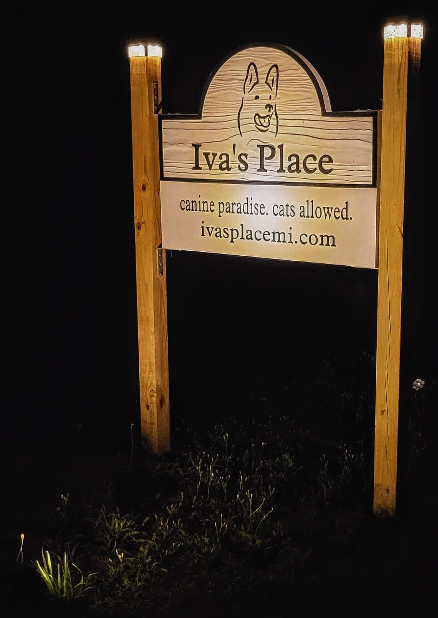Iva's Place illuminated front sign at night