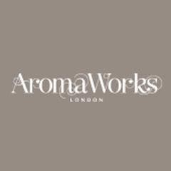 The logo for aroma works london is on a brown background.