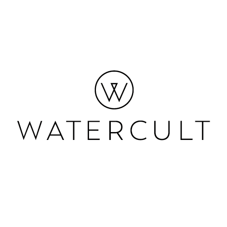A black and white logo for watercult on a white background.