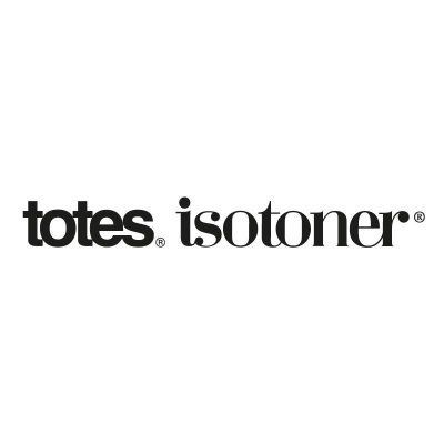 A black and white logo for totes isotoner on a white background.