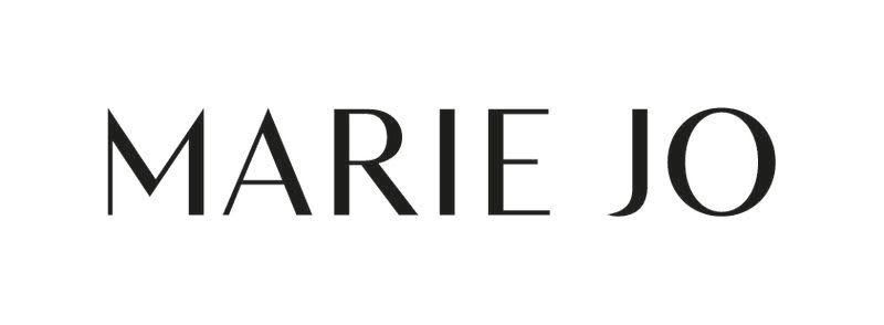 A black and white logo for marie jo on a white background.
