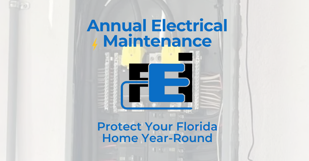 Blue HVAC ad reading “Annual Electrical Maintenance” and “Protect Your Florida Home Year-Round” with FE logo.