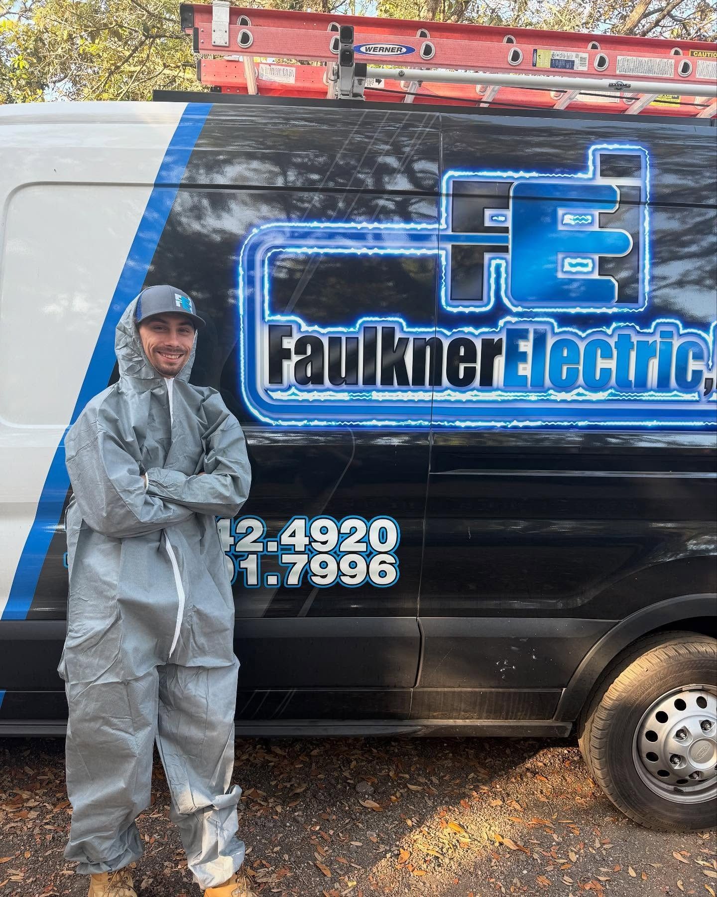 Faulkner Electric employee with a big smile outside his work van with our logo on it.