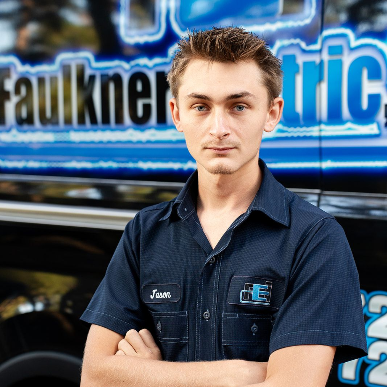 A young man is standing in front of a van.