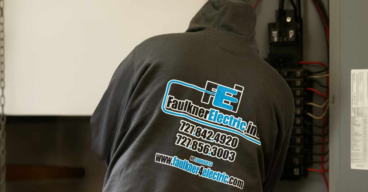 Person in a dark hoodie with a blue-and-white logo, seen from behind in an indoor workshop.