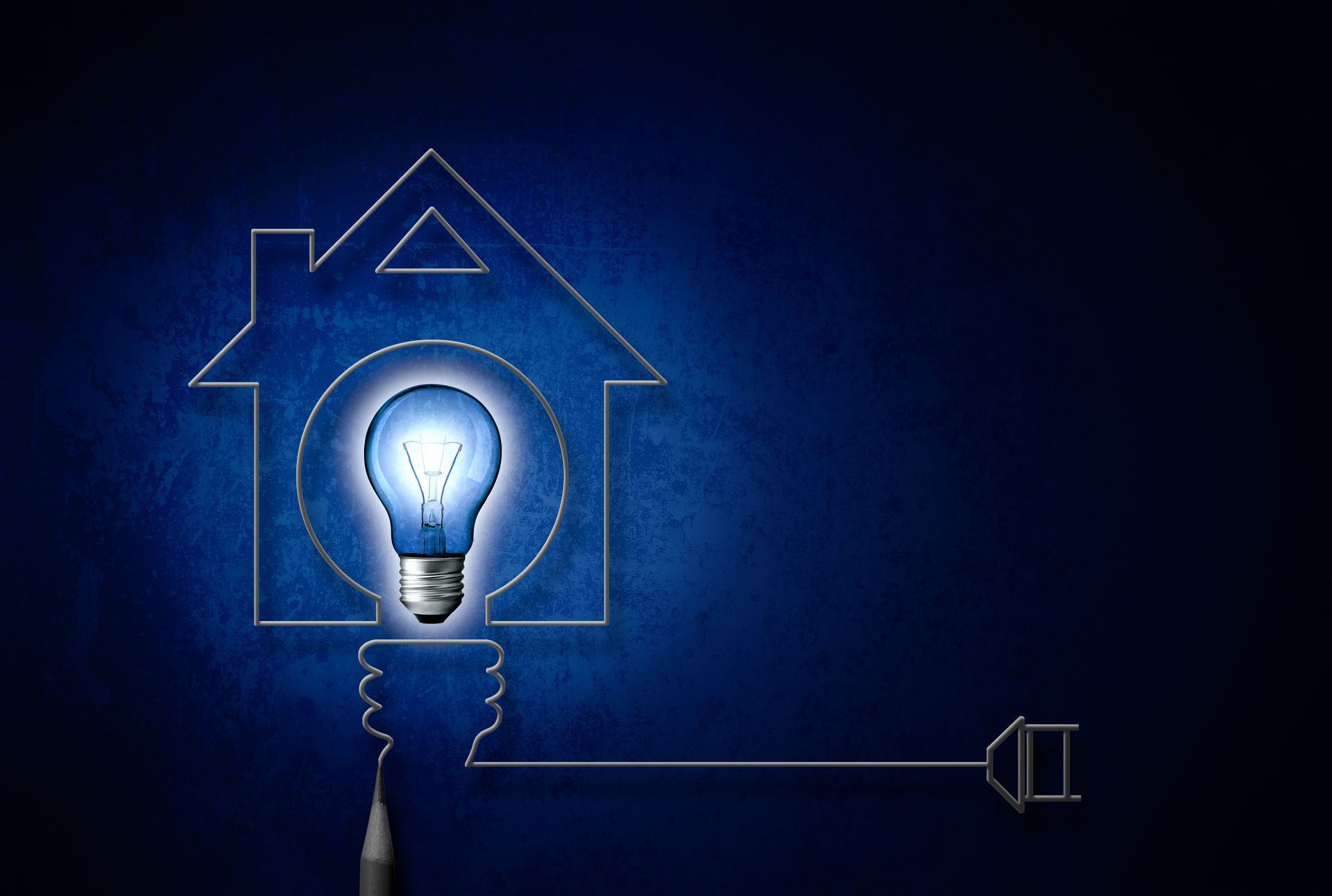 Glowing light bulb inside a house outline, with a cord and plug on a blue background