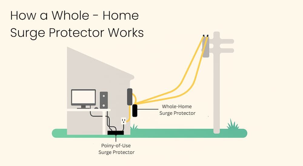 Infographic explaining a whole-house surge protector system, comparing it to a local, point-of-use s