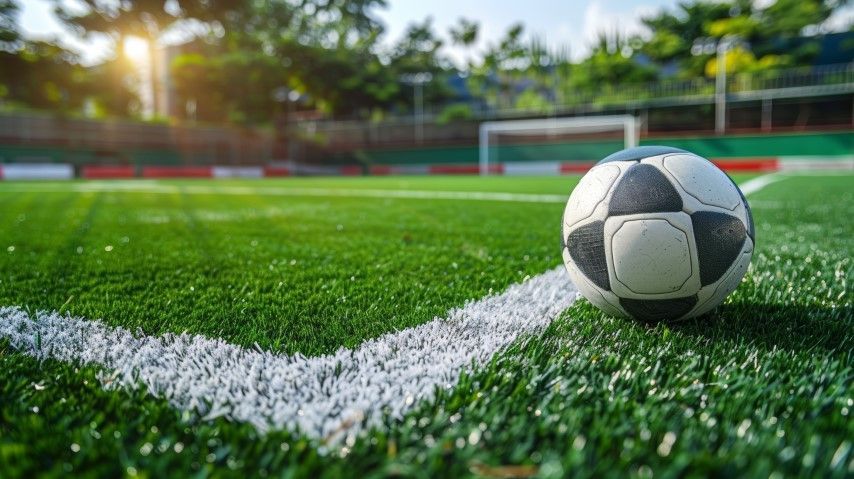 A black and white soccer ball sits on the white corner marking of a green artificial turf field at sunset.