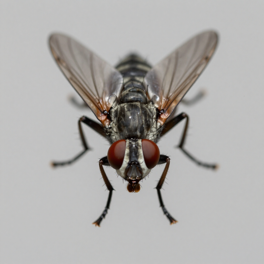 Mosca de establo en primer plano (Stomoxys calcitrans)