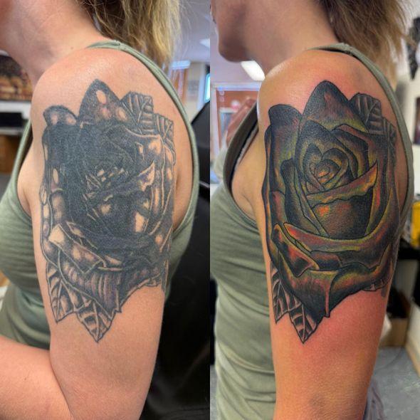Side-by-side close-up of the same shoulder tattoo, before and after color added to a rose design.