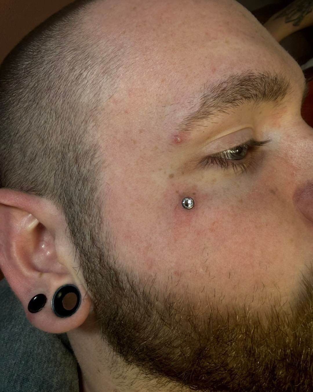 Close-up of a man’s face with a black ear gauge, cheek piercing, and full beard