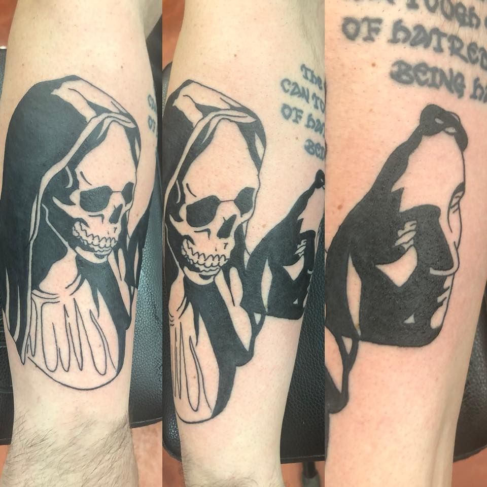Three arm tattoos of a hooded skeletal figure, shown in black ink on skin.