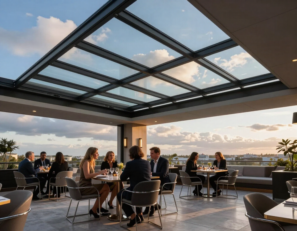 Tetto scorrevole in vetro su terrazza hotel di lusso
