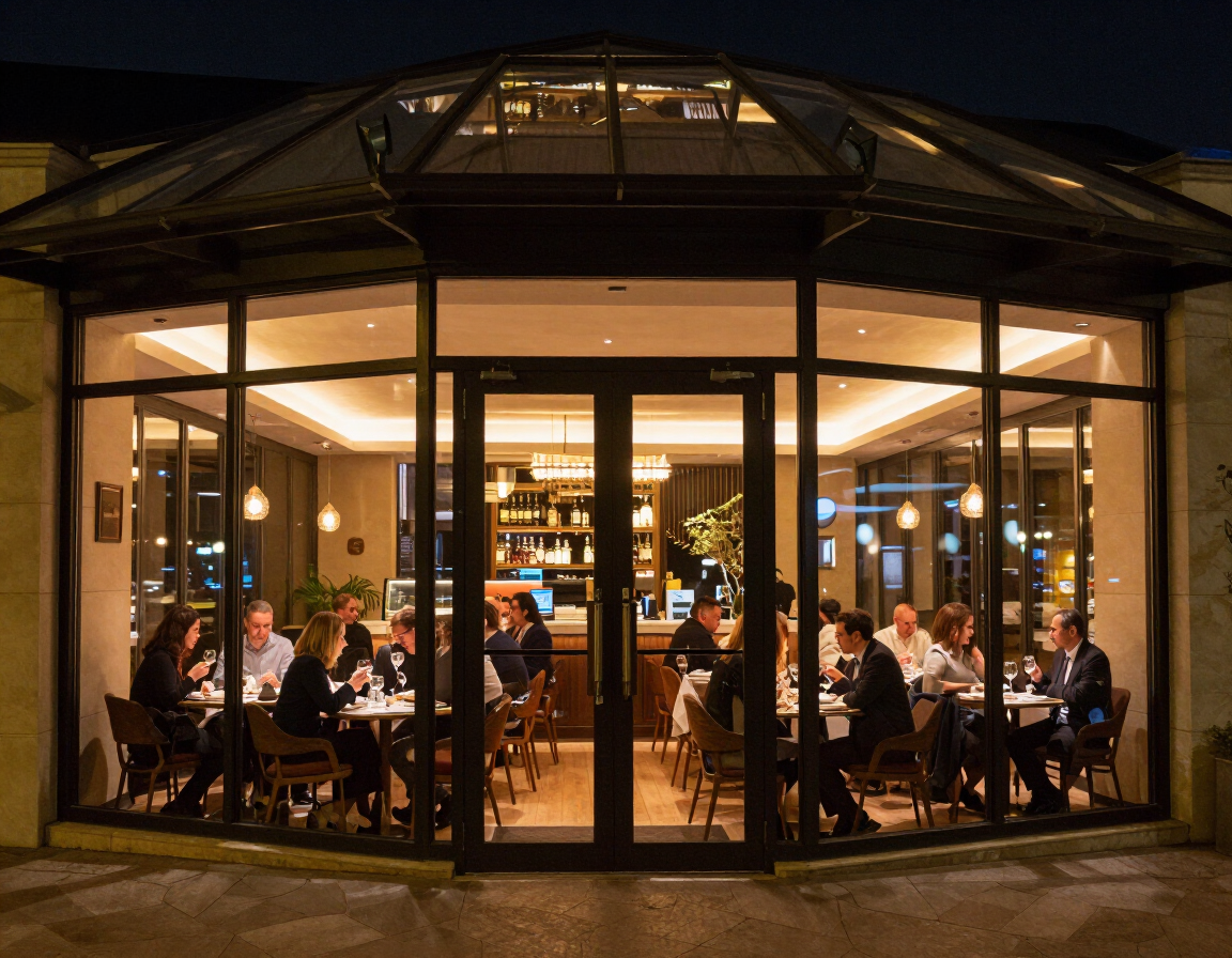 Dehors ristorante con tetto in vetro di notte