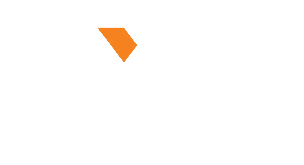 Orange folded ribbon-shaped logo on a white background