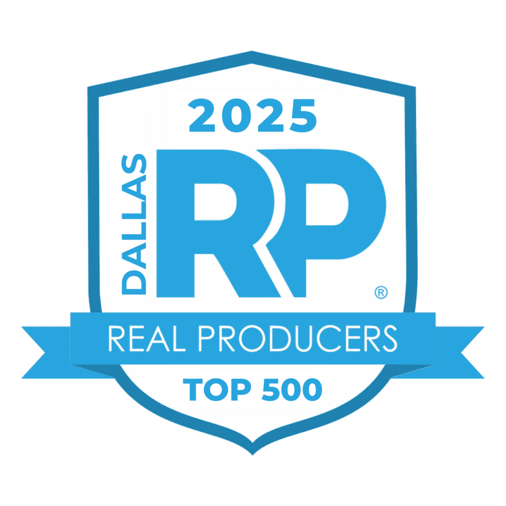 2025 Dallas Real Producers Top 500 blue-and-white shield logo with ribbon