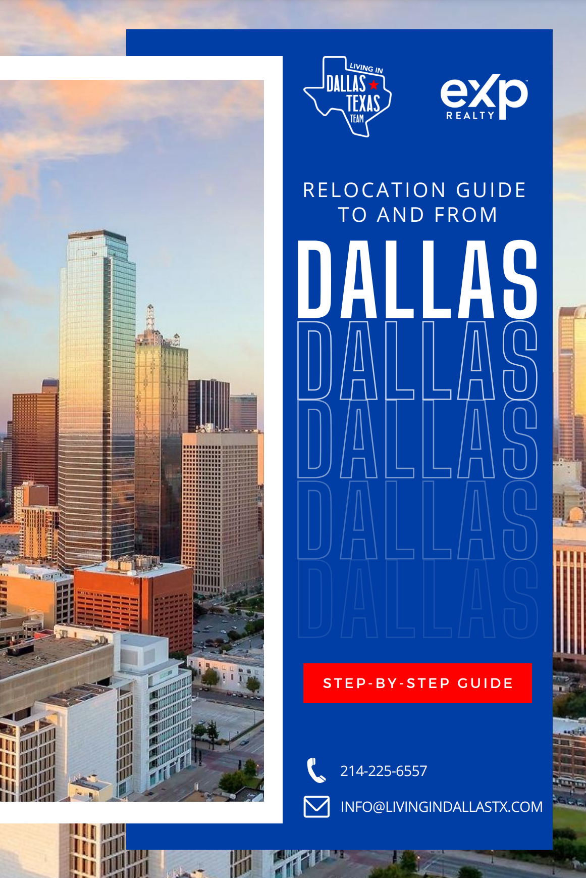 Dallas relocation guide cover with skyline photo, blue panel, and large white “DALLAS” text
