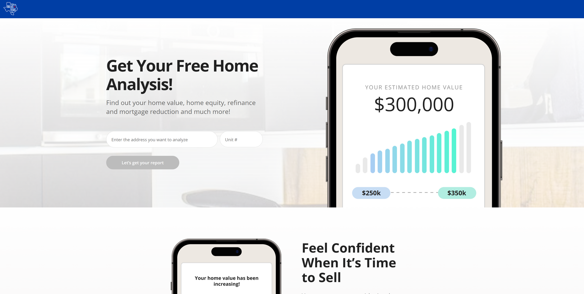 Website hero showing a smartphone with a $300,000 chart and the text “Get Your Free Home Analysis.”