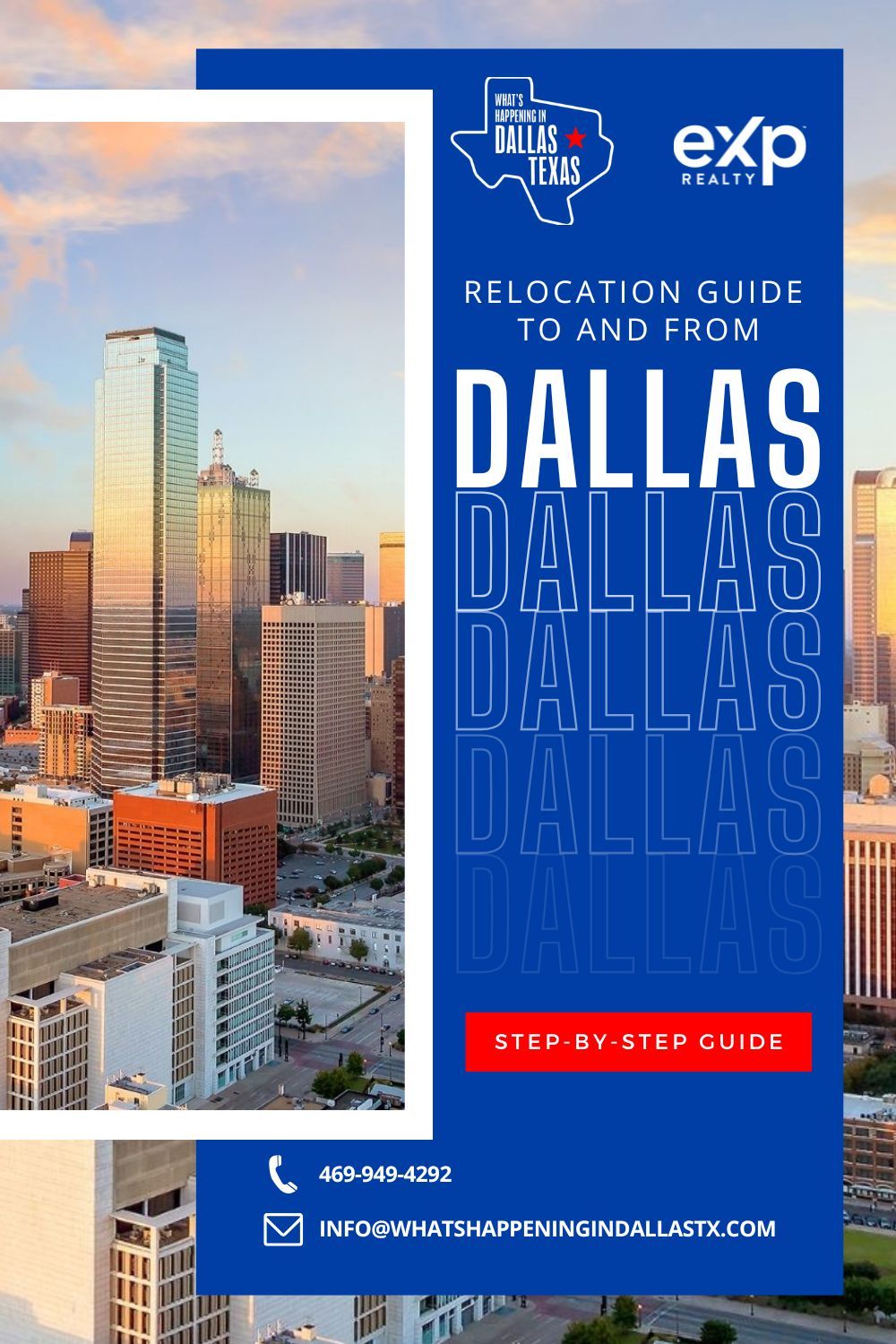 Dallas relocation guide cover with city skyline, blue title panel, and exp logo