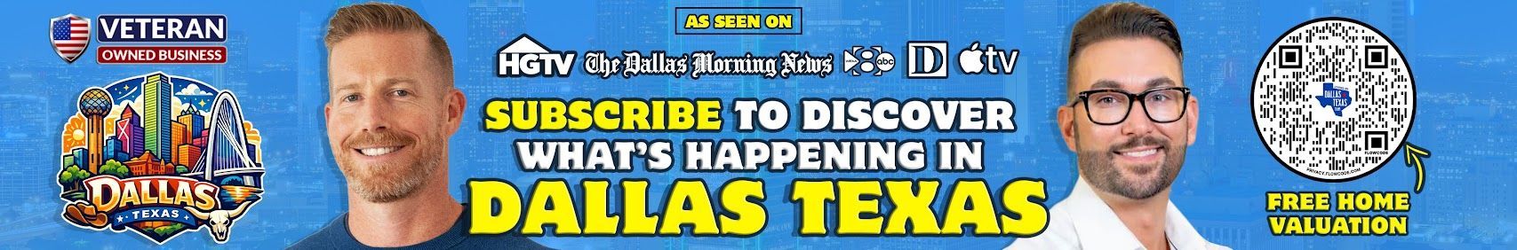 Promo banner for a Dallas, Texas travel channel with hosts and “Subscribe” text in blue and yellow