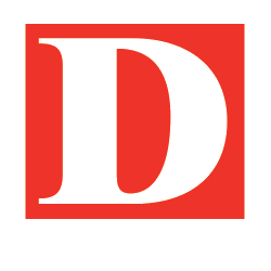 White serif letter D on a red square background