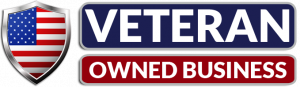 Veteran owned business logo with U.S. shield and blue, white, and red text