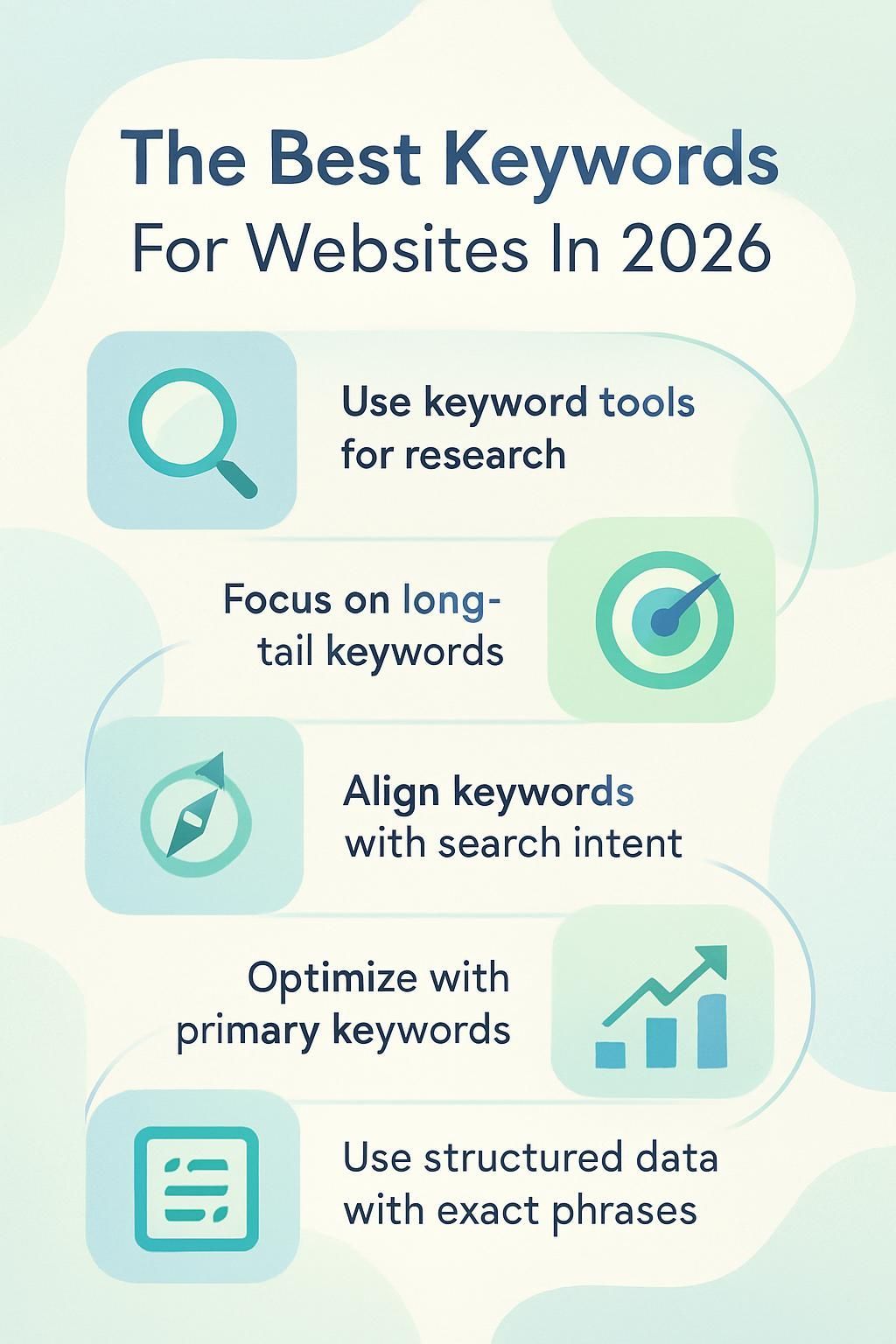Infographic: Best keywords for websites in 2026. Includes research, long-tail keywords, search intent, and data.