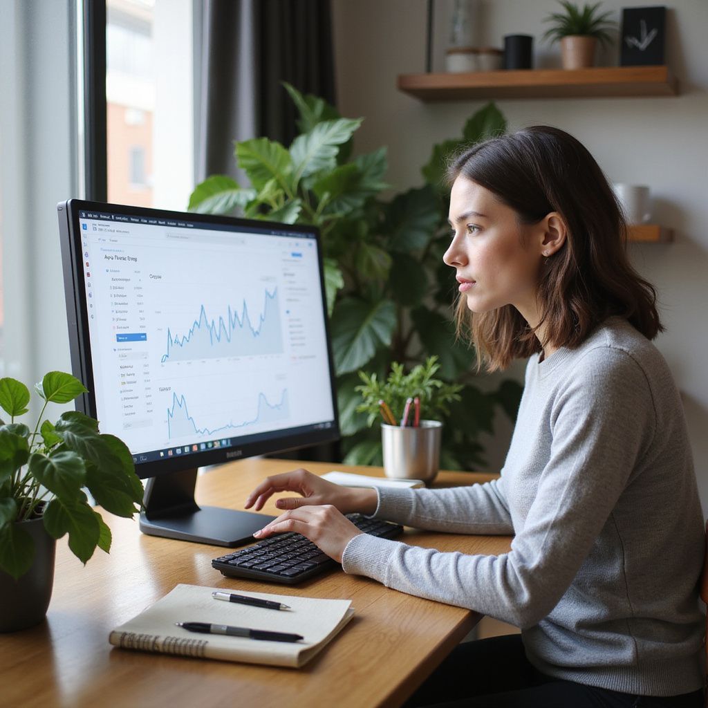 Person working at a desk with a desktop computer displaying charts in a plant-filled home office