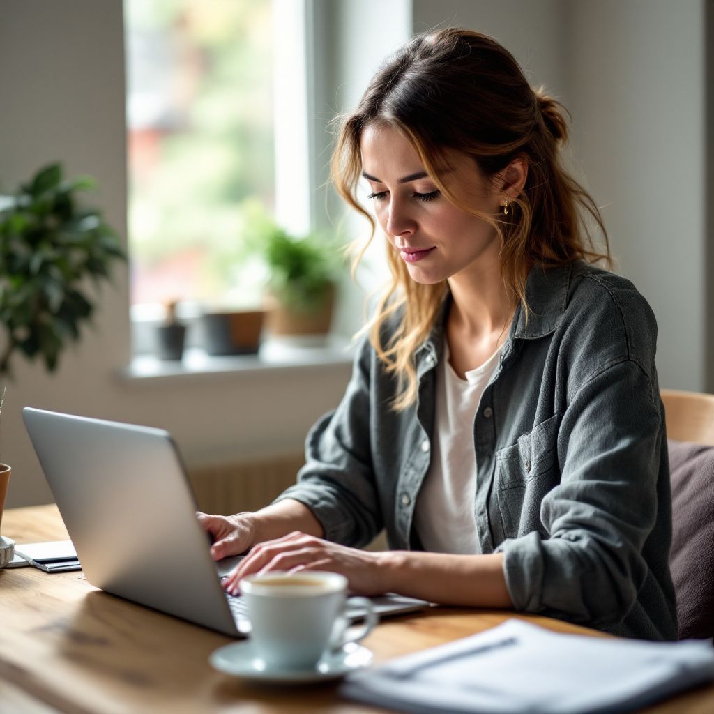 Woman working on a laptop at a wooden table, with a coffee cup and notebook nearby