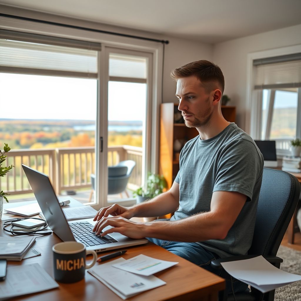 Man working on a laptop at a cluttered desk in a bright home office with large windows