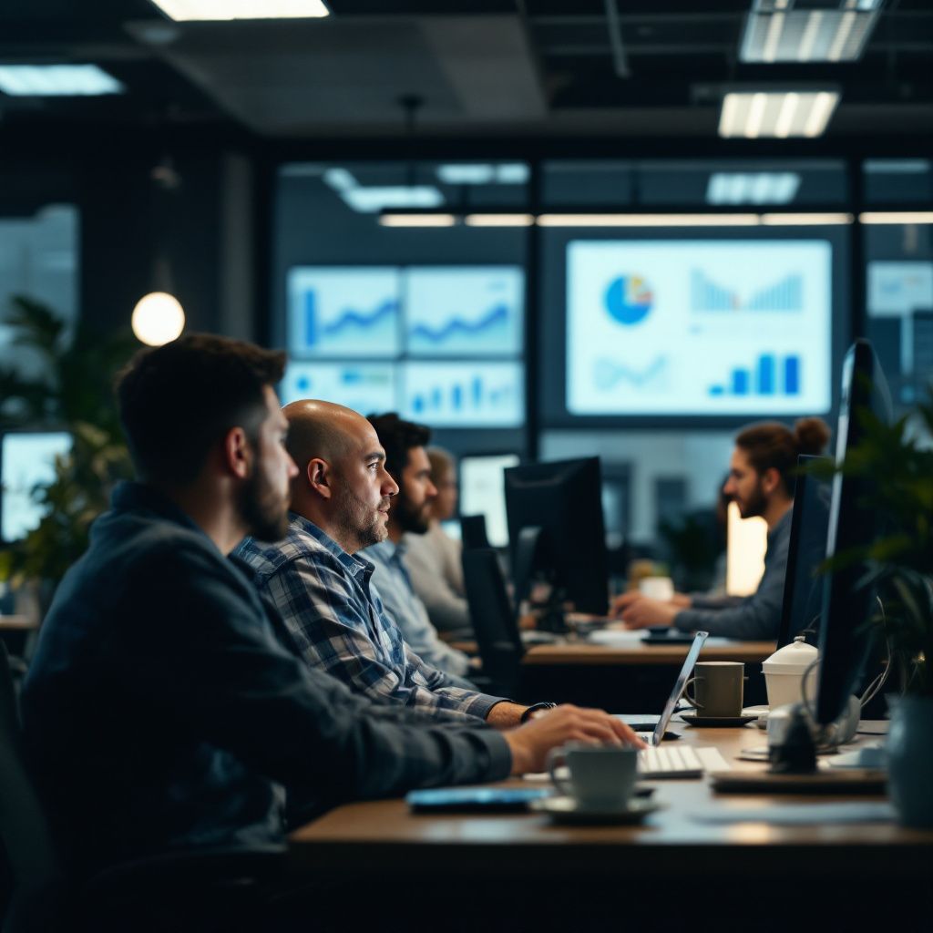 People working at computers in a dimly lit office with large analytics screens.