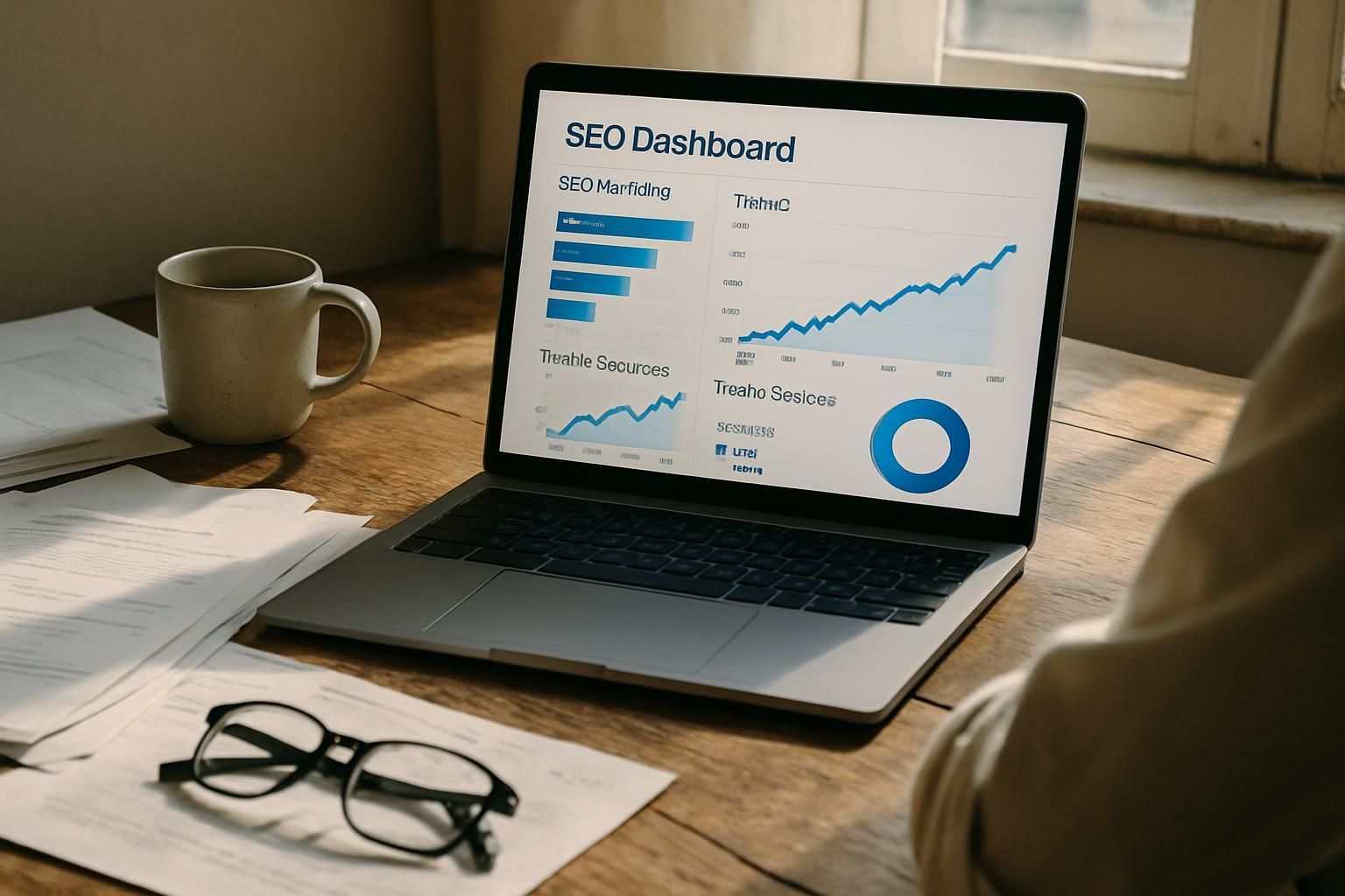 Laptop showing sales dashboard on a wooden desk beside glasses and a coffee mug, near a window