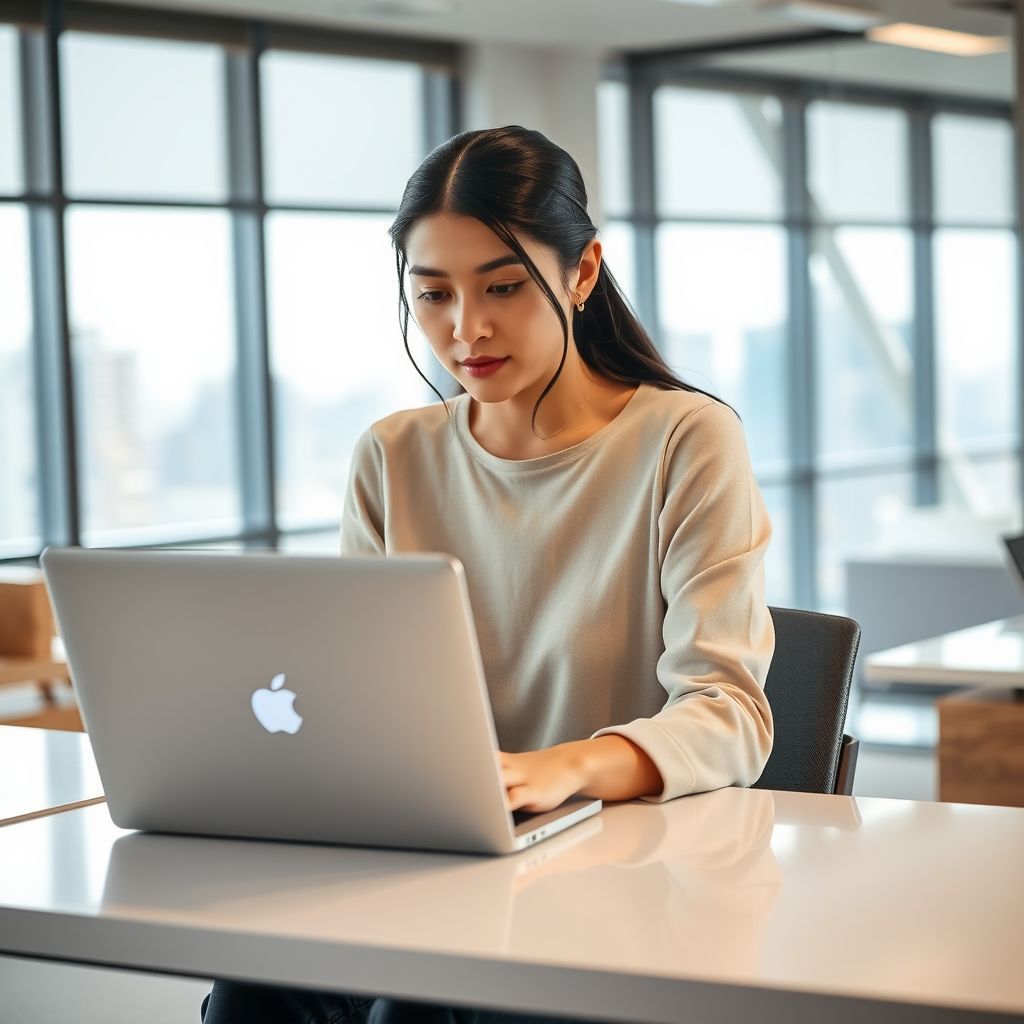 Person working on a laptop at a desk in a bright office