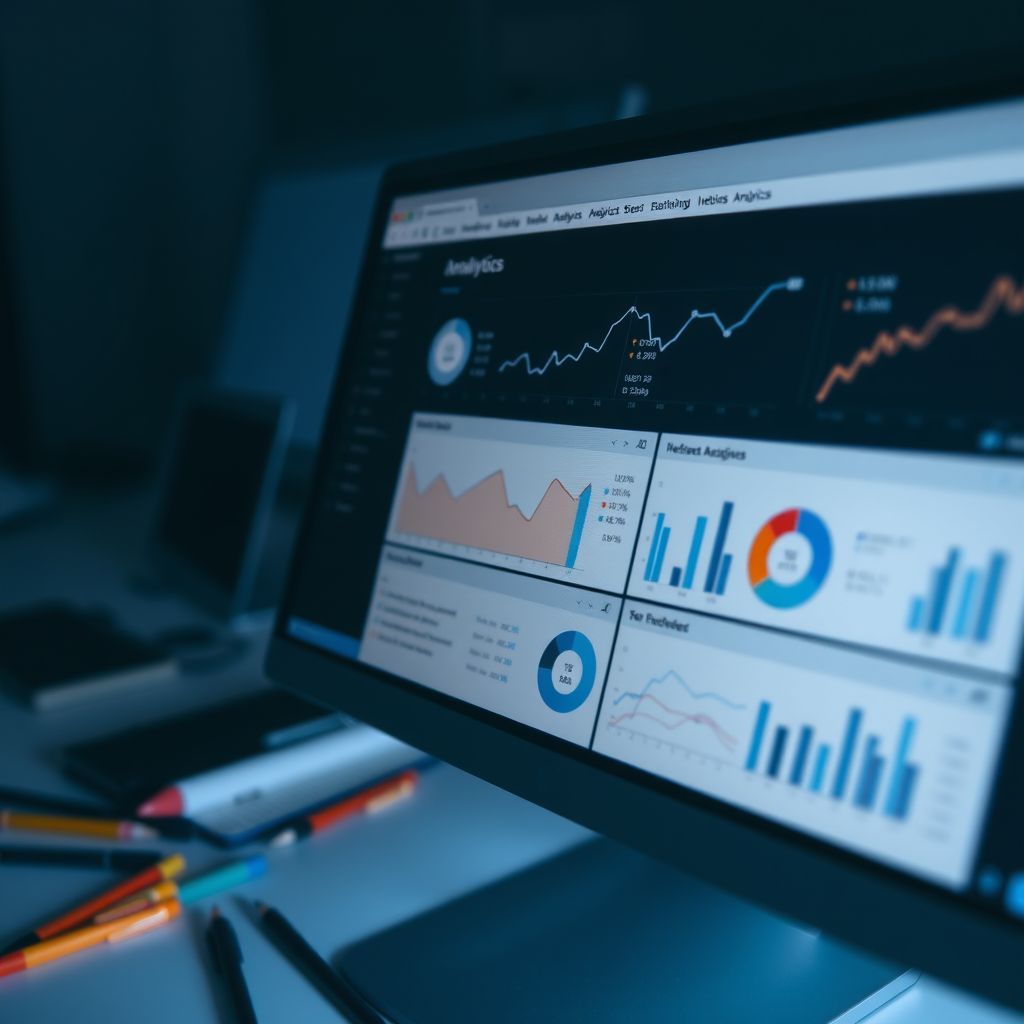 Analytics dashboard on a desktop monitor with charts, graphs, and blue-orange data visuals