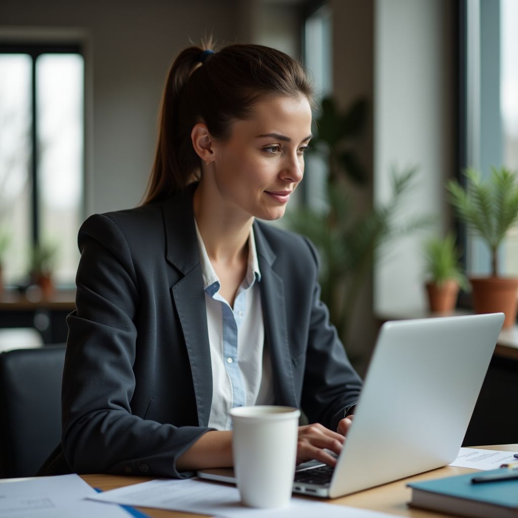Woman working on a laptop at a desk in a bright office, with a coffee cup nearby.