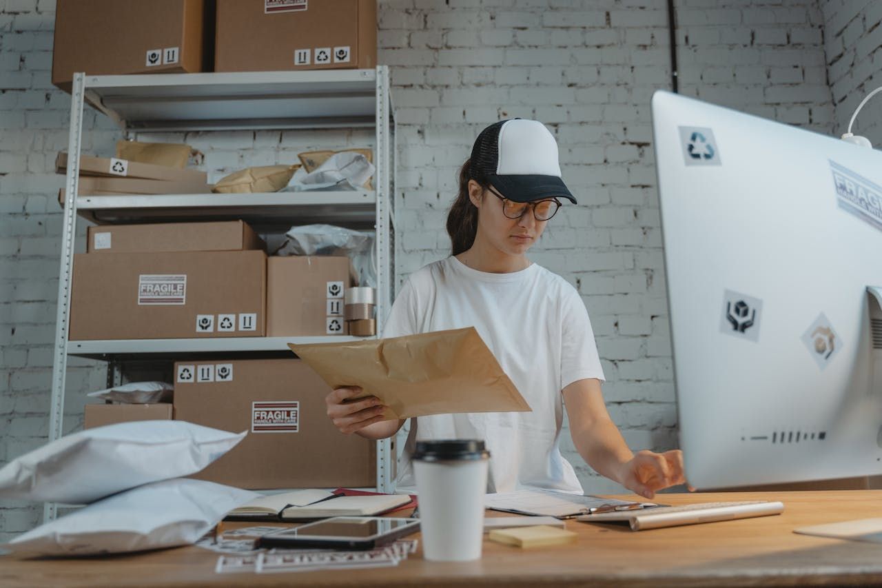 A person wearing a cap and glasses looks at a file while sitting at a desk with boxes and computer equipment.