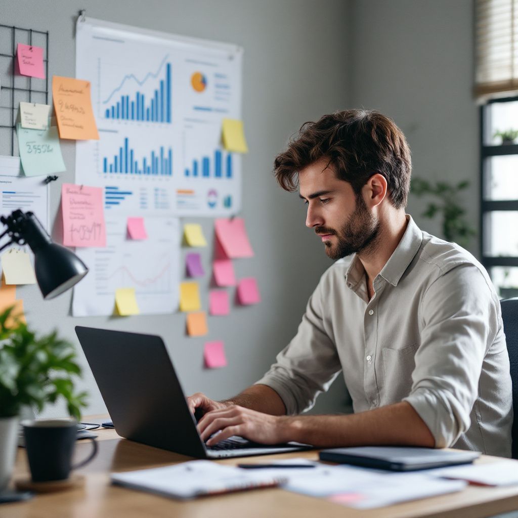 Person working on laptop at desk with charts and sticky notes on the wall behind them