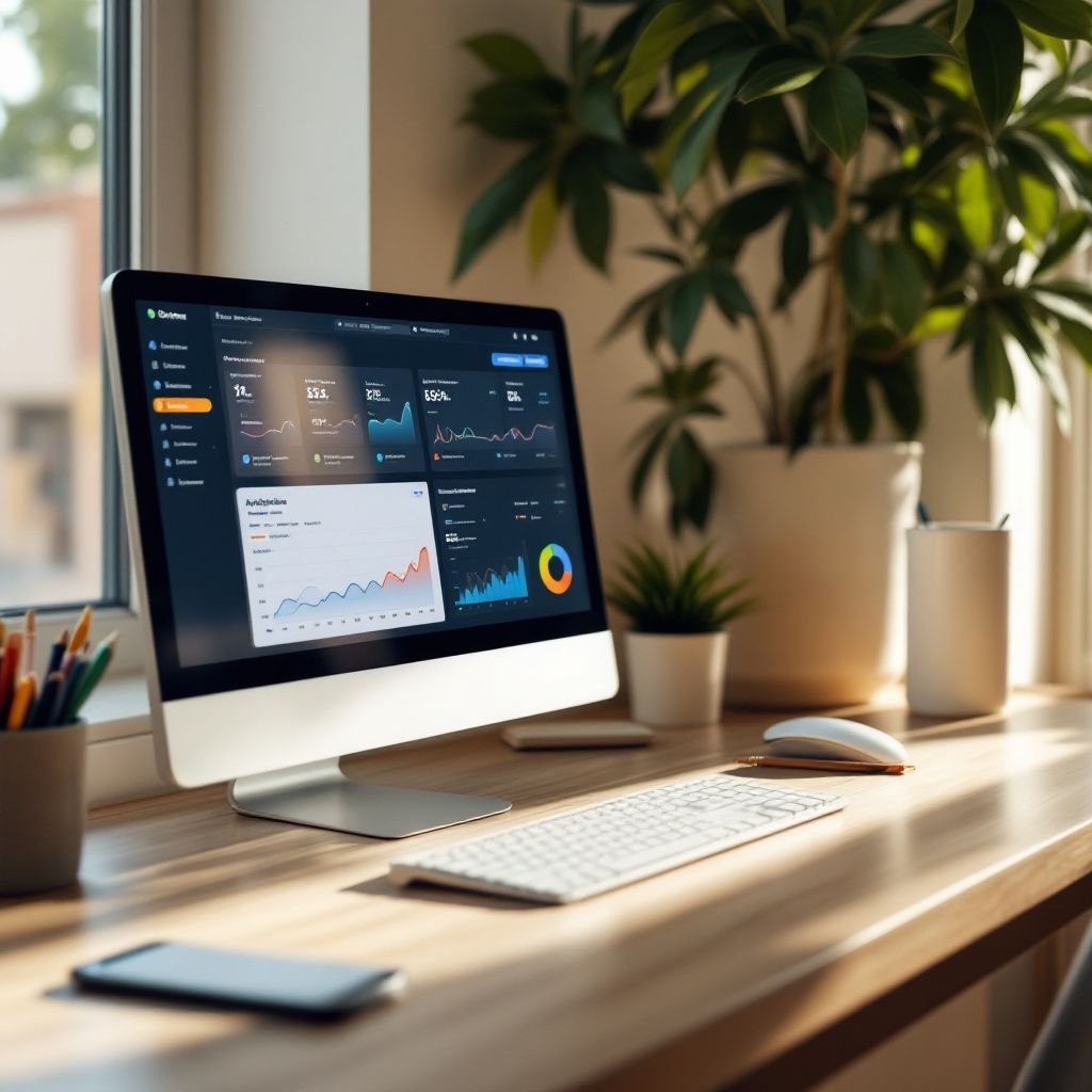 Sunlit desk with iMac showing analytics dashboard, keyboard, mouse, and potted plant by the window