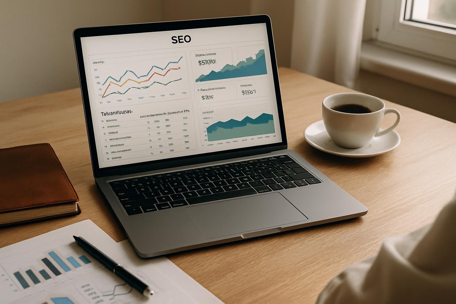 Laptop displaying SEO data, a cup of coffee, and financial reports on a desk.